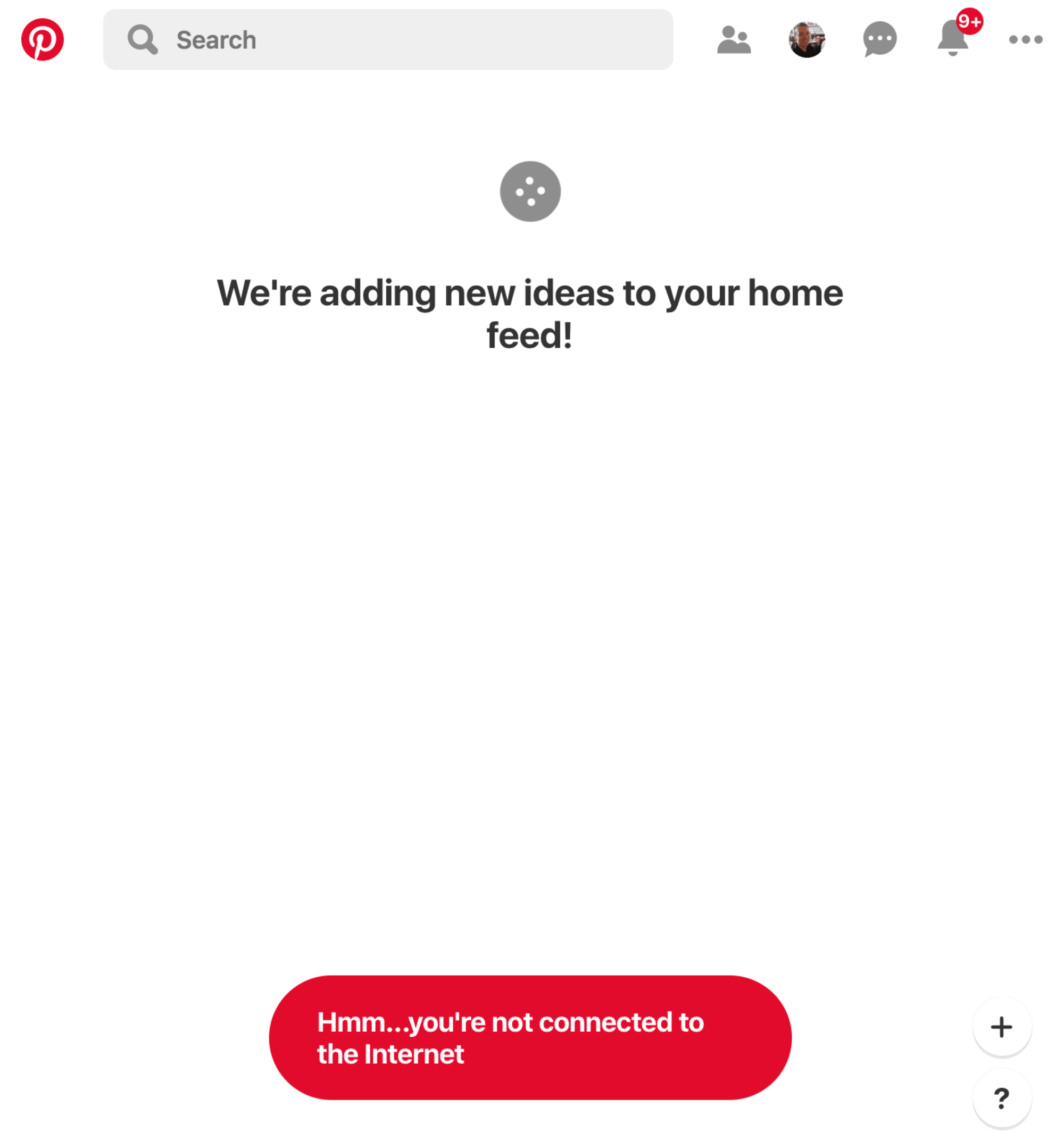 Loading spinner and message saying: you're not connected to the internet